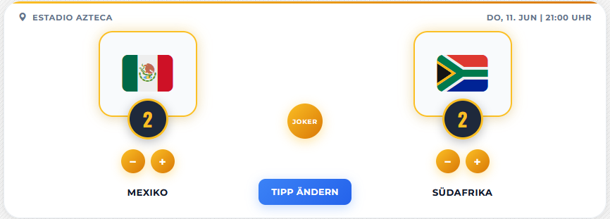 Tipp-Eingabe: Mexiko vs Südafrika mit Stepper und Joker